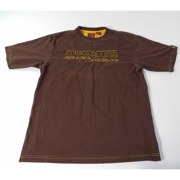 Vtg Mecca USA Style Scienz Scine Day One T Shirt Size XL Brown Y2K Embroidered - Picture 1 of 12